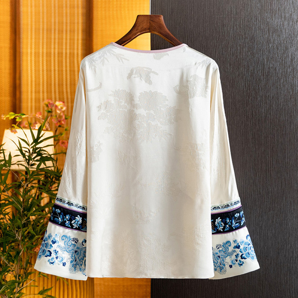 New Chinese style silk versatile embroidered shirt for women in the spring of 2025 with a retro style and slanted collar button top image 2