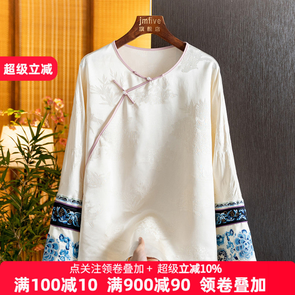 New Chinese style silk versatile embroidered shirt for women in the spring of 2025 with a retro style and slanted collar button top image 0