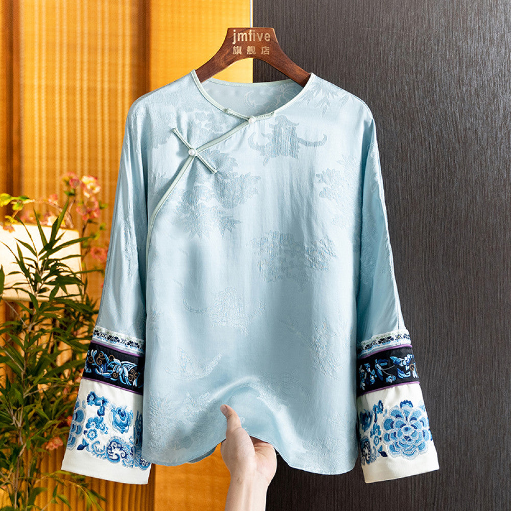 New Chinese style silk versatile embroidered shirt for women in the spring of 2025 with a retro style and slanted collar button top image 19