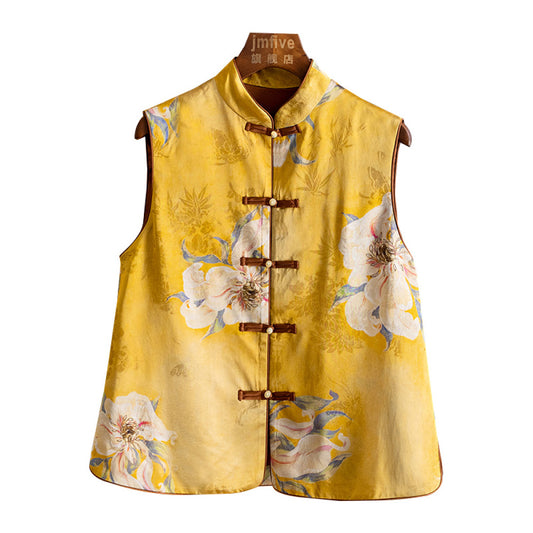 ASAYA4372 - Yellow Floral Embroidered Silk Vest with Pearl Button Closure 🌸🐝