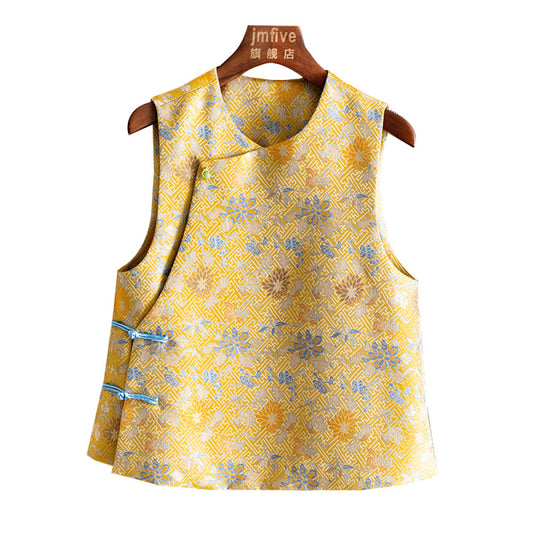 ASAYA4370 Songjin Jacquard Mandarin Vest – Yellow Brocade Radiance ✨🌼