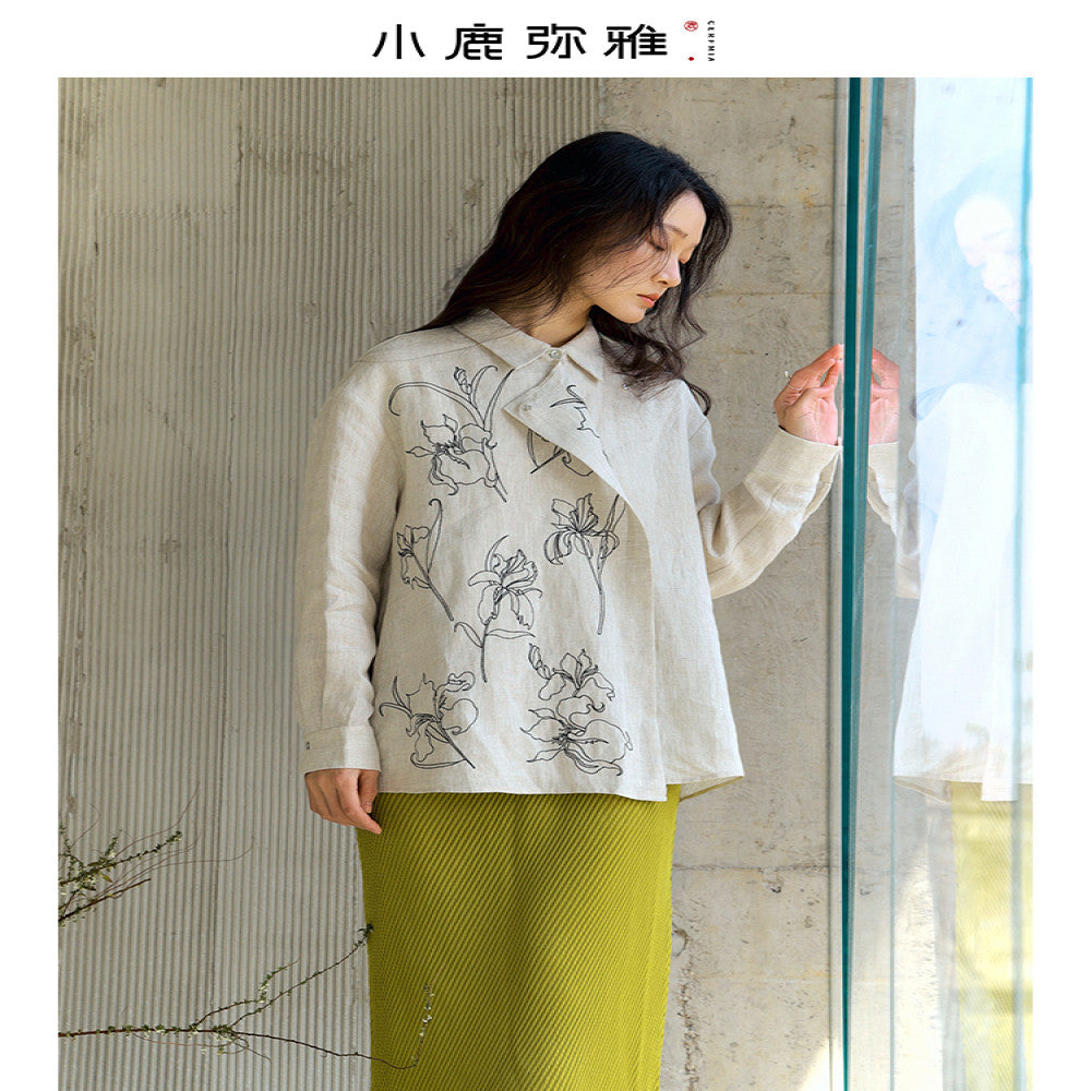Xiaolu Miya Iris original new Chinese linen embroidery long sleeved two wear shirt spring and summer image 1