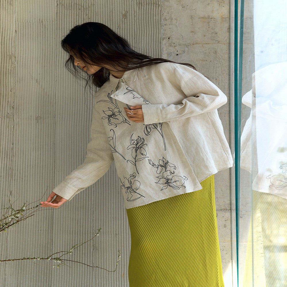 Xiaolu Miya Iris original new Chinese linen embroidery long sleeved two wear shirt spring and summer image 2