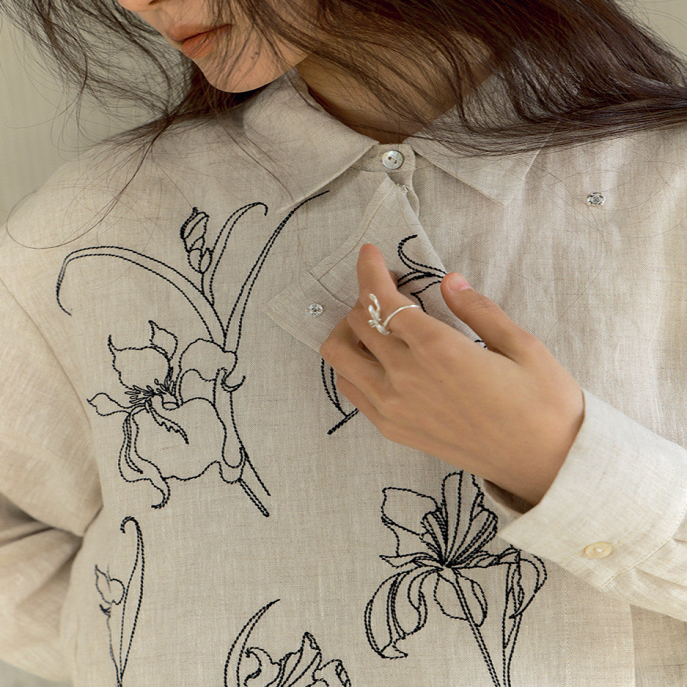 Xiaolu Miya Iris original new Chinese linen embroidery long sleeved two wear shirt spring and summer image 3