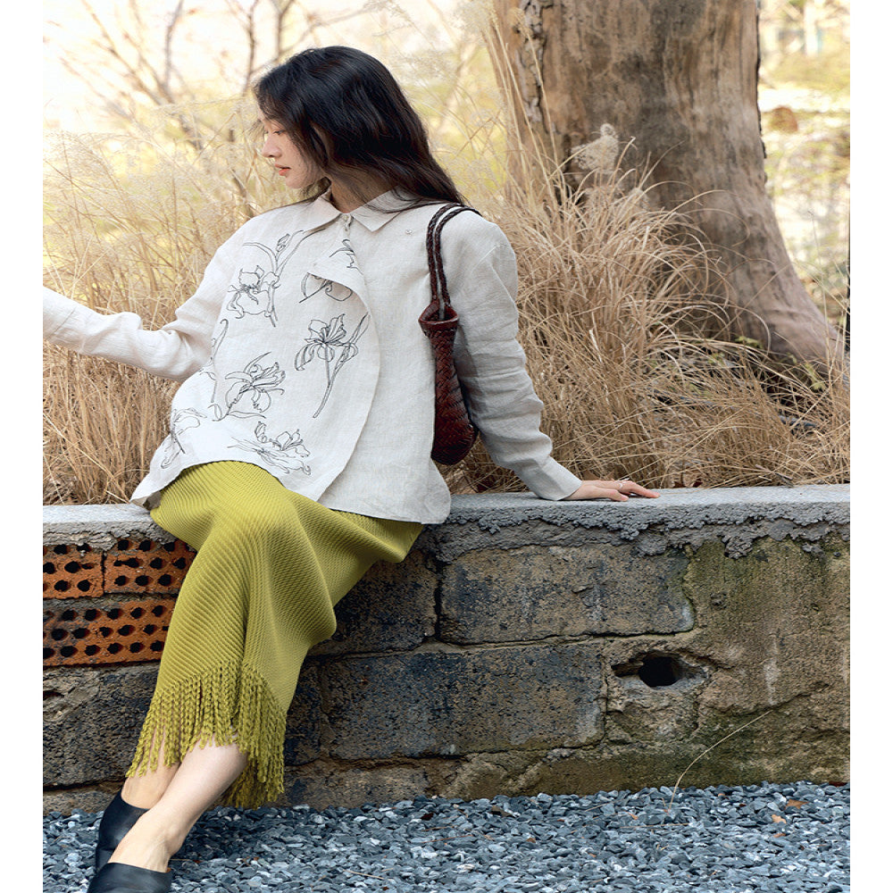 Xiaolu Miya Iris original new Chinese linen embroidery long sleeved two wear shirt spring and summer image 4