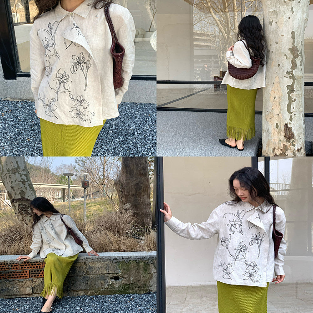 Xiaolu Miya Iris original new Chinese linen embroidery long sleeved two wear shirt spring and summer image 5