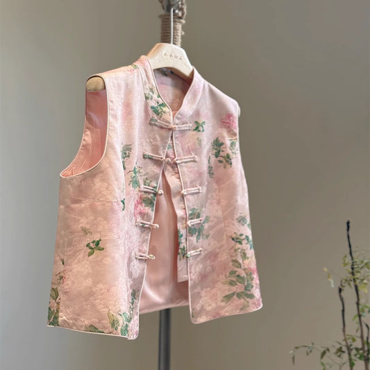 ASAYA4356 - Pink Satin Floral Embroidered Tang-Style Vest 🌸🪷✨