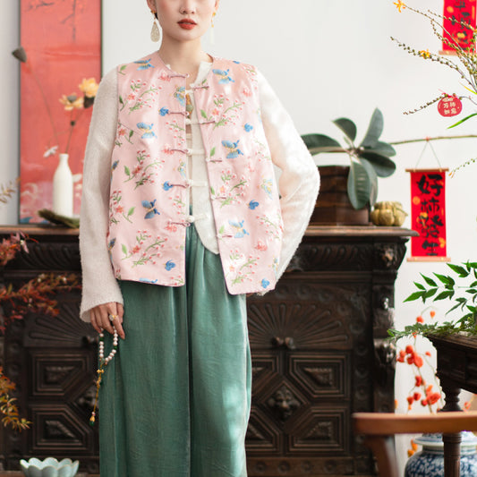 ASAYA4349 - Pink & White Butterfly Embroidered National Chinese Style Vest 🦋🌸💫