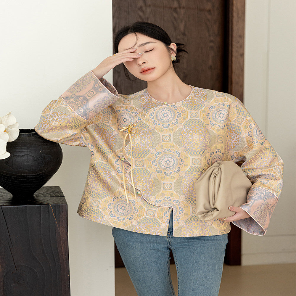 High end silk jacquard Chinese style short jacket for women s spring 2025 new style slanted collar buckle new Chinese Tang style top image 11