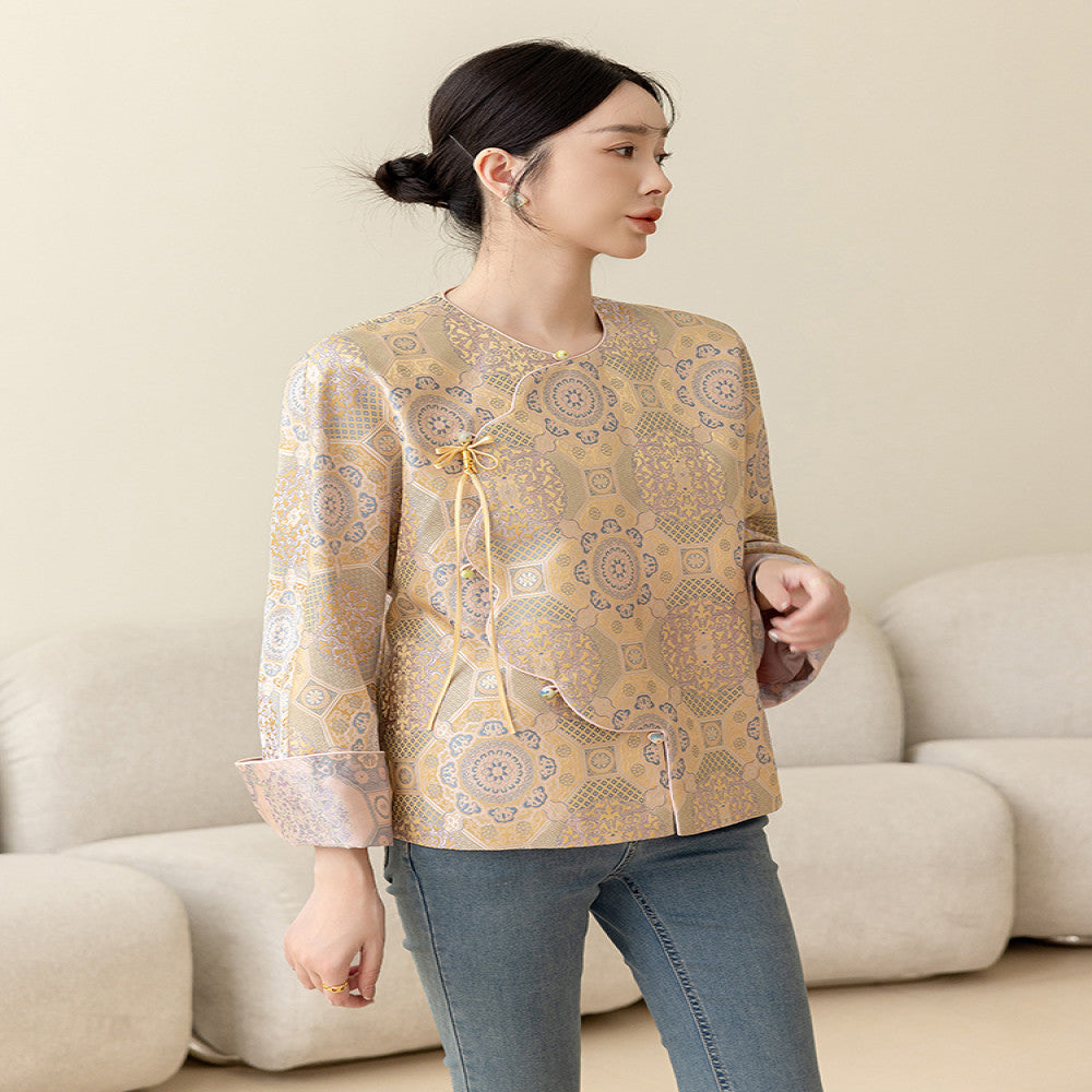 High end silk jacquard Chinese style short jacket for women s spring 2025 new style slanted collar buckle new Chinese Tang style top image 12