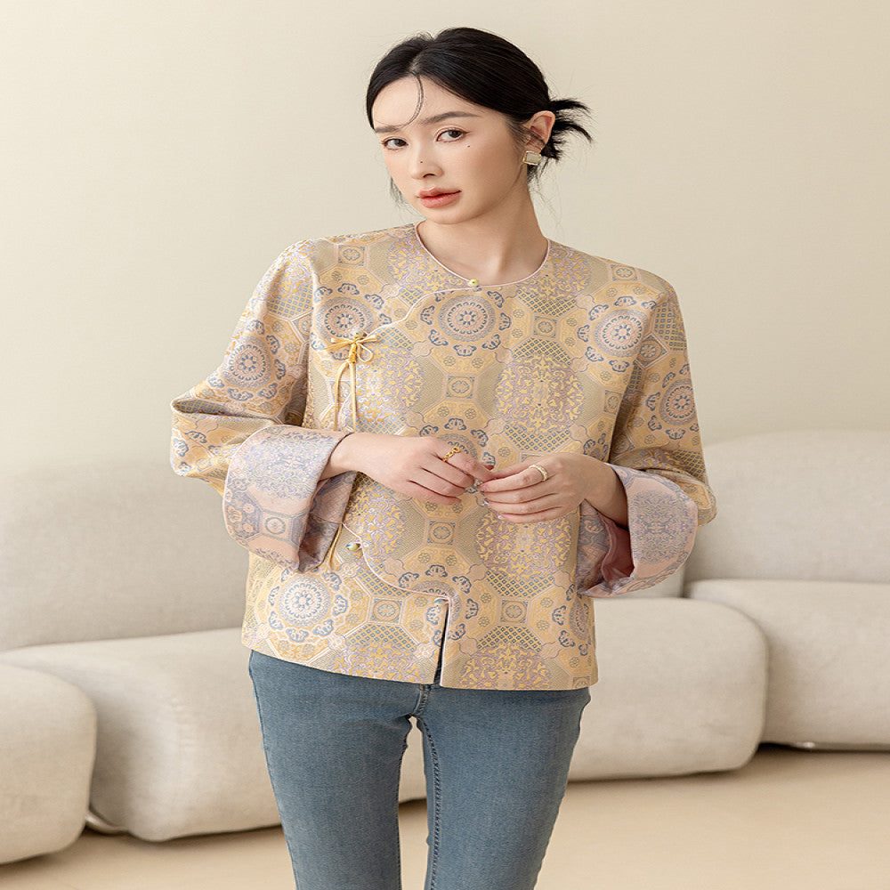 High end silk jacquard Chinese style short jacket for women s spring 2025 new style slanted collar buckle new Chinese Tang style top image 13