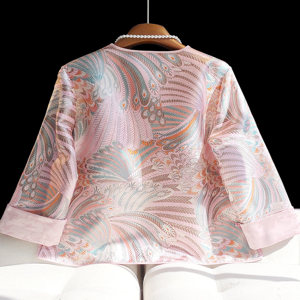 Pink retro jacquard woven satin Chinese style short jacket for women s autumn and winter new style temperament round neck new Chinese style button top image 2