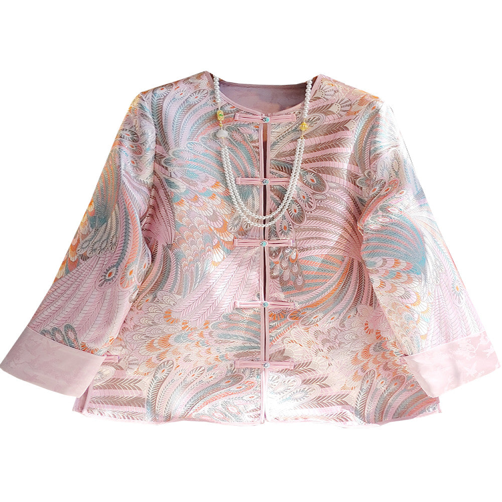 Pink retro jacquard woven satin Chinese style short jacket for women s autumn and winter new style temperament round neck new Chinese style button top image 5