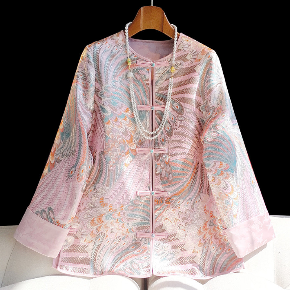 Pink retro jacquard woven satin Chinese style short jacket for women s autumn and winter new style temperament round neck new Chinese style button top image 15