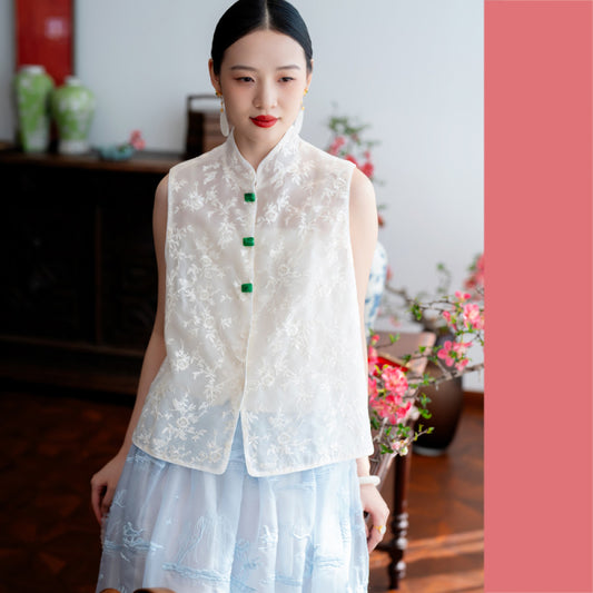 ASAYA4342 - White Silk Organza Vest with Jade Button Detail 🤍🪽