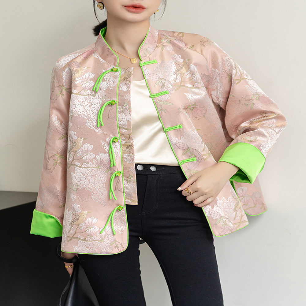 Pink retro jacquard woven satin top for women s autumn new design sense tassel buckle new Chinese style jacket Tang style trendy image 1