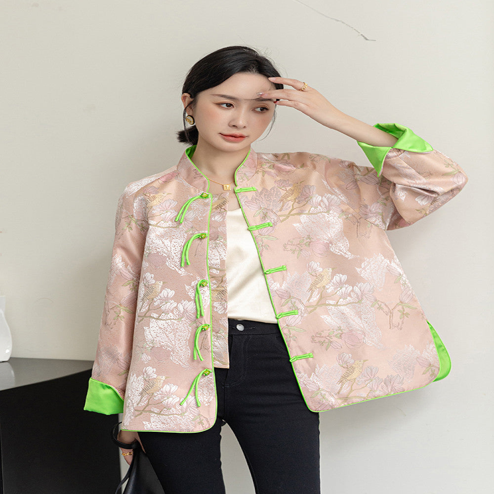 Pink retro jacquard woven satin top for women s autumn new design sense tassel buckle new Chinese style jacket Tang style trendy image 2