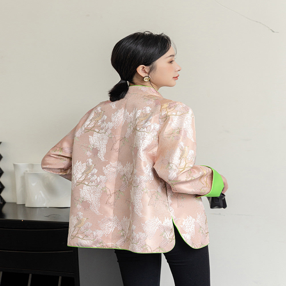 Pink retro jacquard woven satin top for women s autumn new design sense tassel buckle new Chinese style jacket Tang style trendy image 4