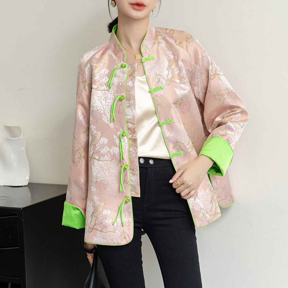 Pink retro jacquard woven satin top for women s autumn new design sense tassel buckle new Chinese style jacket Tang style trendy image 13