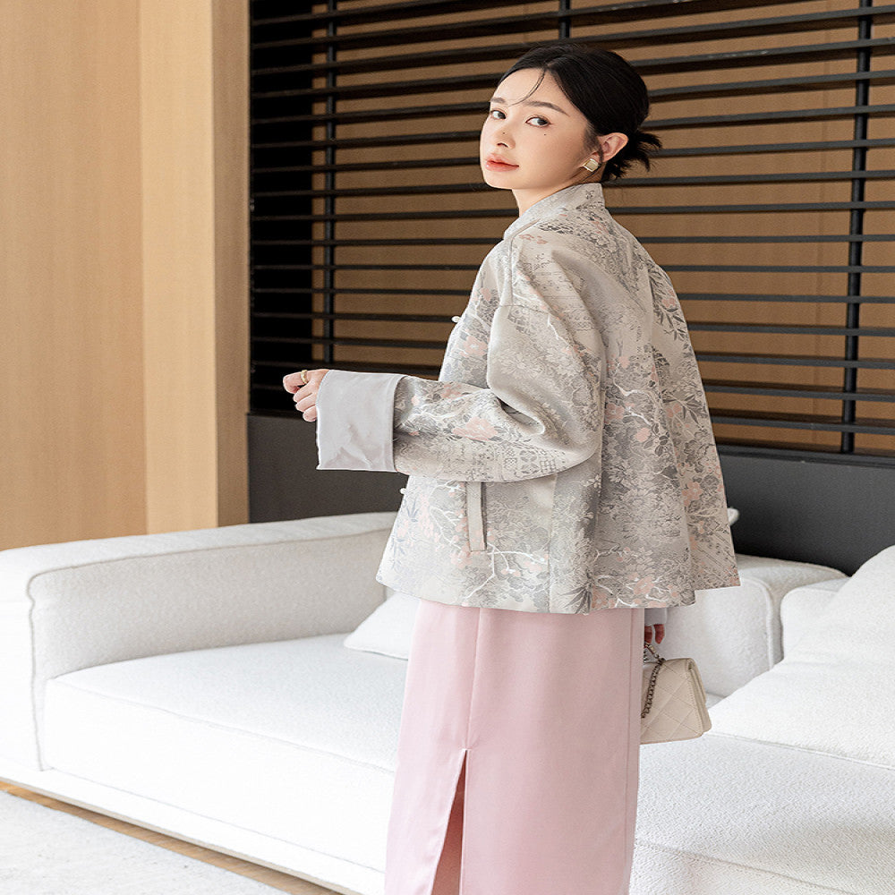 Chinese woven brocade Tang style top women s spring and autumn clothing design sense stand collar new Chinese style buckle short loose jacket image 5