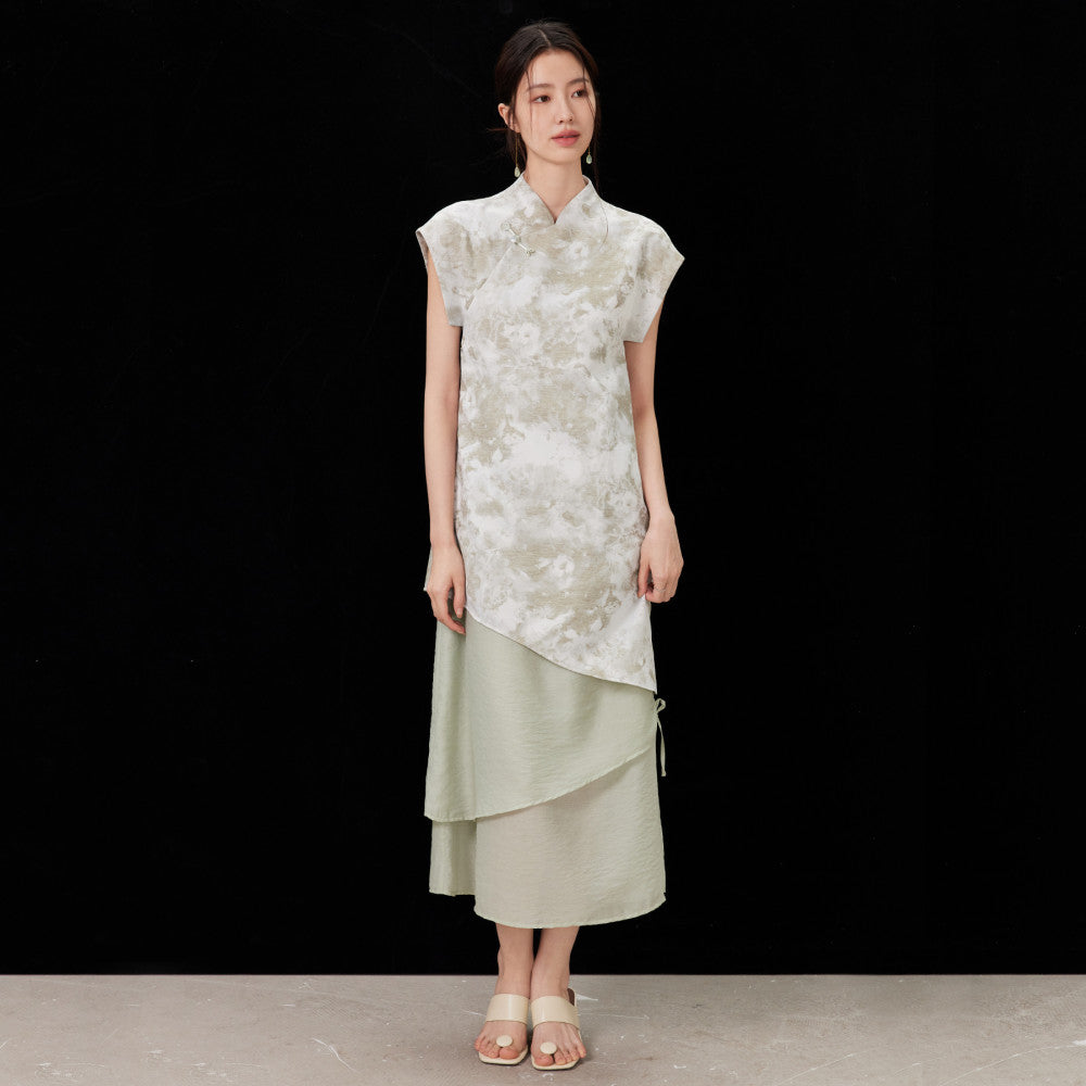 ASAYA4337 - Ink-Wash Jacquard Layered Qipao Dress 🌿🕊💫