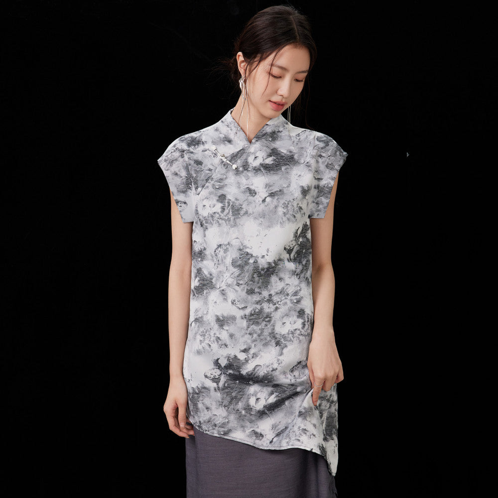 ASAYA4337 - Ink-Wash Jacquard Layered Qipao Dress 🌿🕊💫