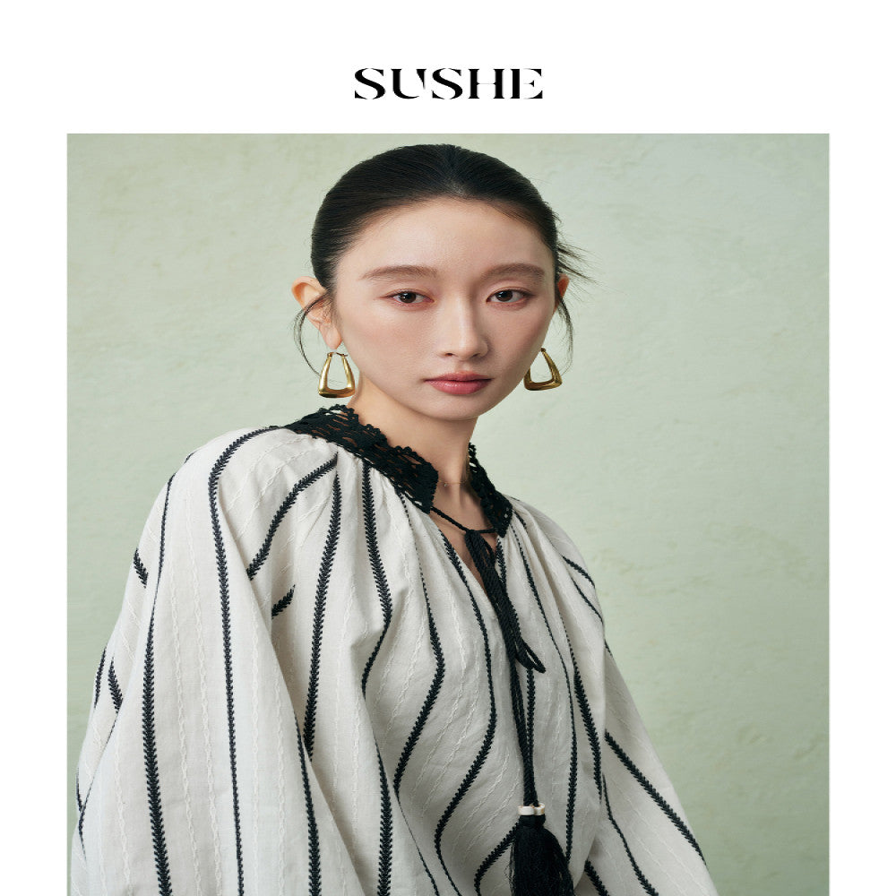 Shuxi SUSHE Xie Ying Vertical Stripe Texture Jacquard Contrasting Color Crochet Lace Collar Strap Tassel Shirt Dress image 2