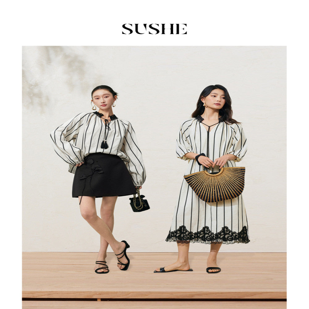 Shuxi SUSHE Xie Ying Vertical Stripe Texture Jacquard Contrasting Color Crochet Lace Collar Strap Tassel Shirt Dress image 4