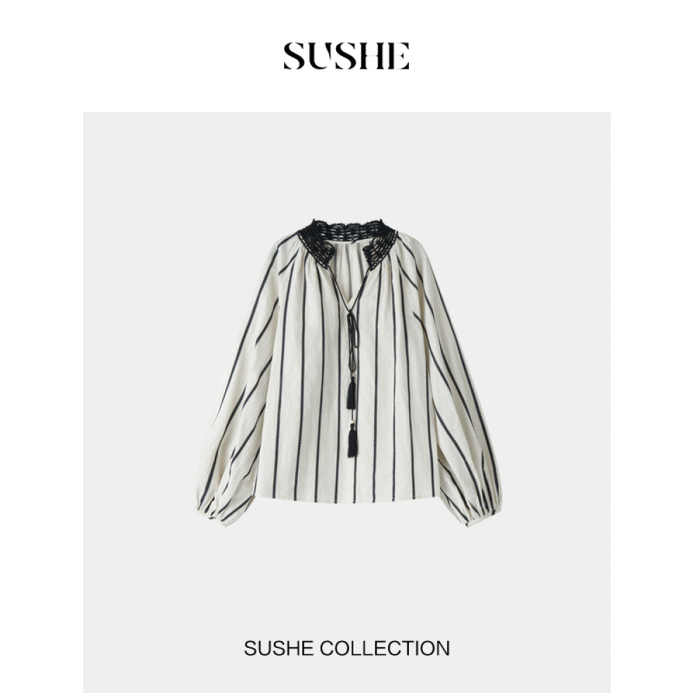 Shuxi SUSHE Xie Ying Vertical Stripe Texture Jacquard Contrasting Color Crochet Lace Collar Strap Tassel Shirt Dress image 9