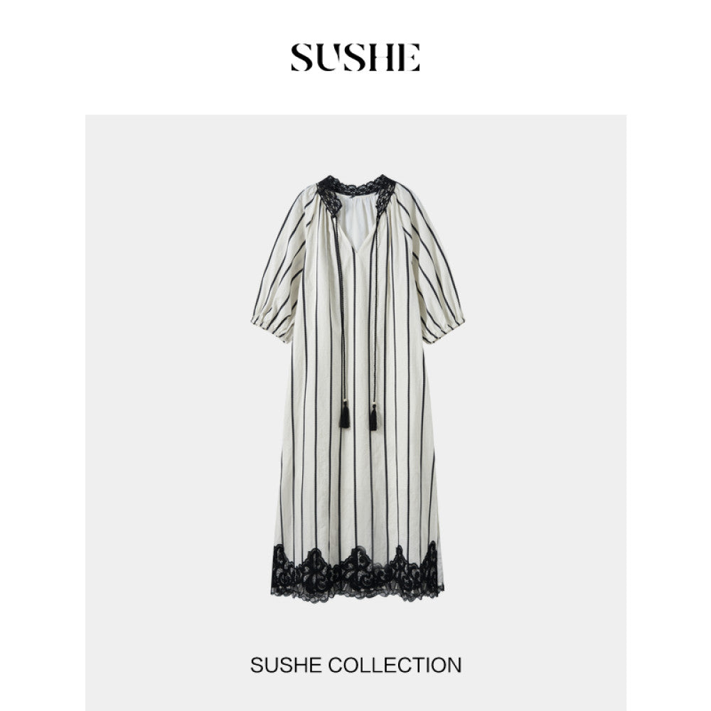 Shuxi SUSHE Xie Ying Vertical Stripe Texture Jacquard Contrasting Color Crochet Lace Collar Strap Tassel Shirt Dress image 14
