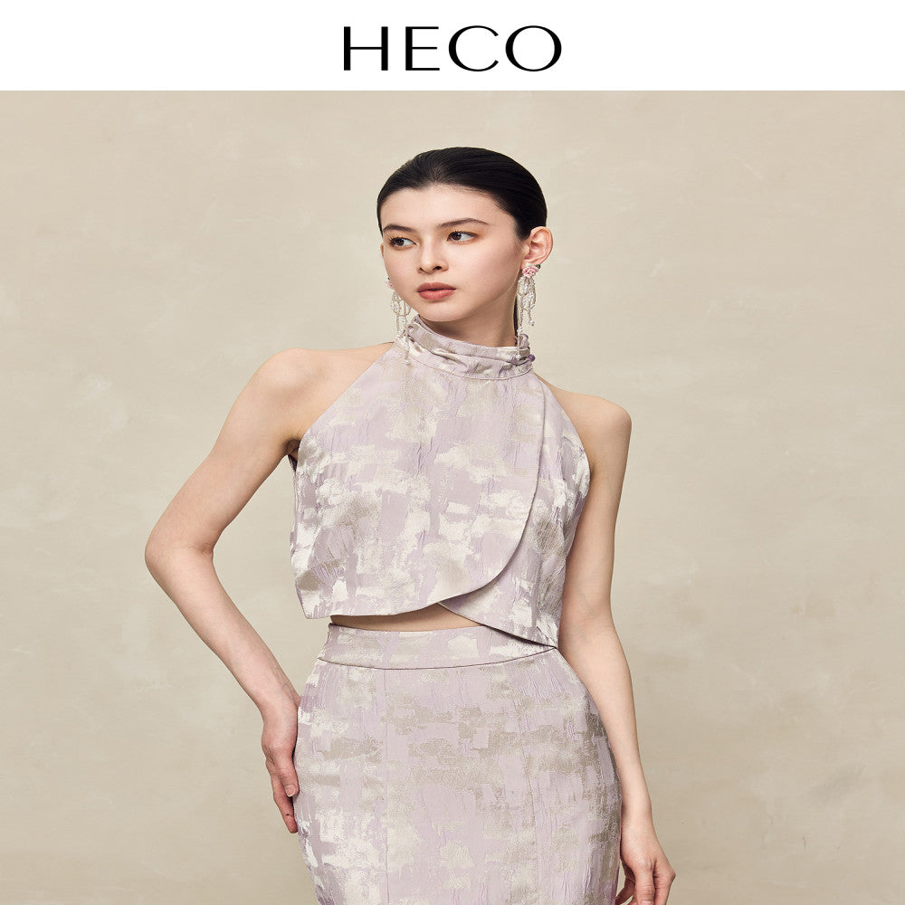 HECO Yunshan ink dyed new Chinese summer new product rayon cross slit pile collar vest top suit for women image 23