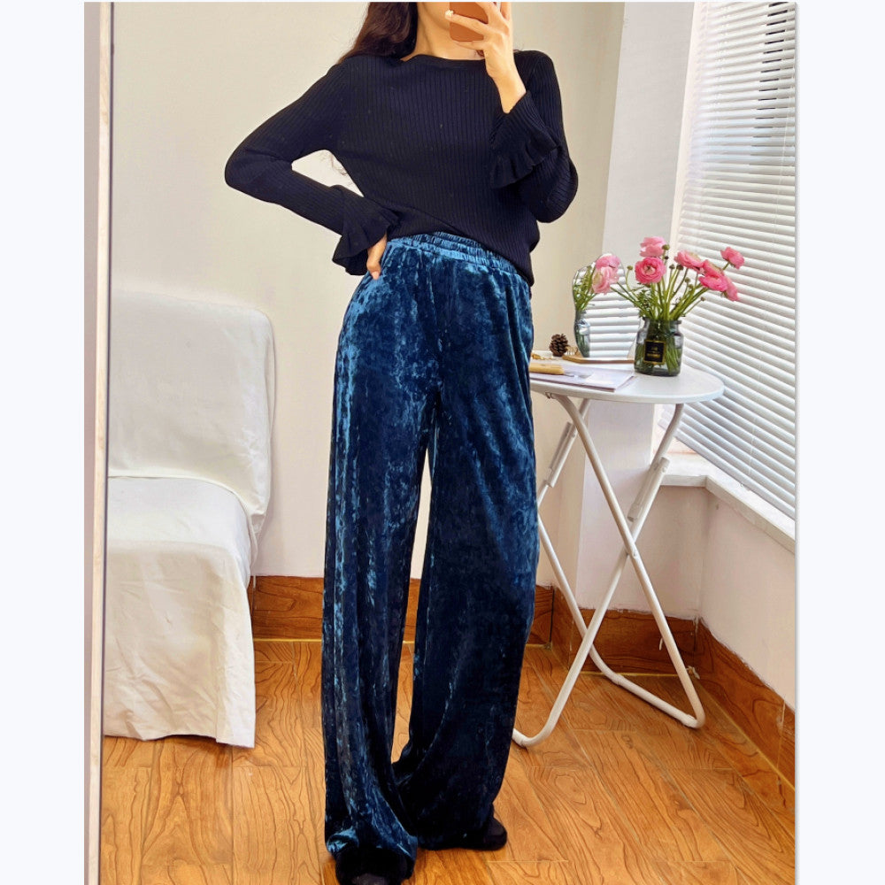 TAORAN Women s New Chinese Retro Gold Velvet Loose Wide Leg Pants Women s Elastic Waist Straight Tube Drop Feel Casual Pants image 4
