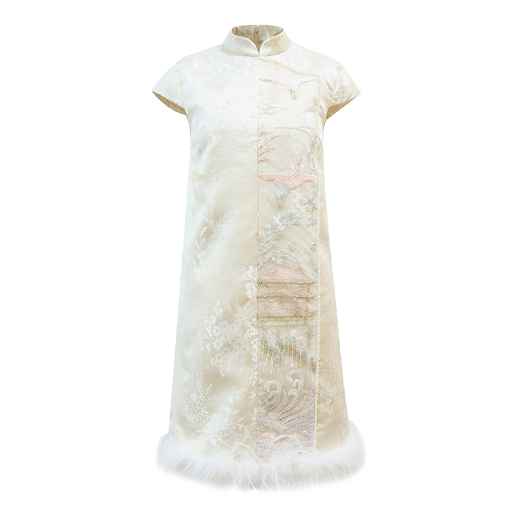 Chengyu Gaoding Yuling New Chinese Heavy Industry Yajin Full Hand Jacquard Embroidery Ostrich Hair Short Western Dress image 5