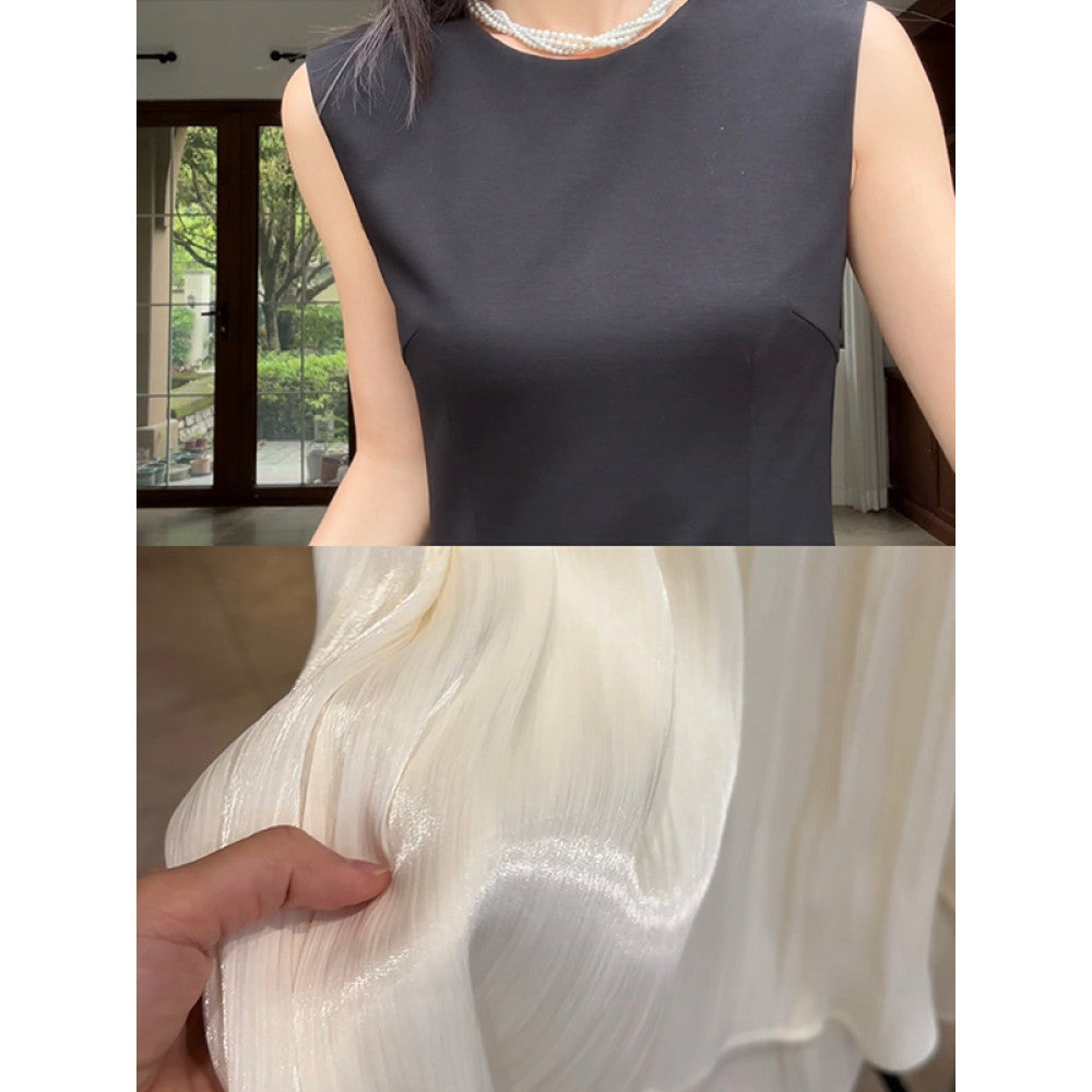 Guo Jiuni s French style design simple color blocking small A line waist hugging dress summer slimming long skirt image 2