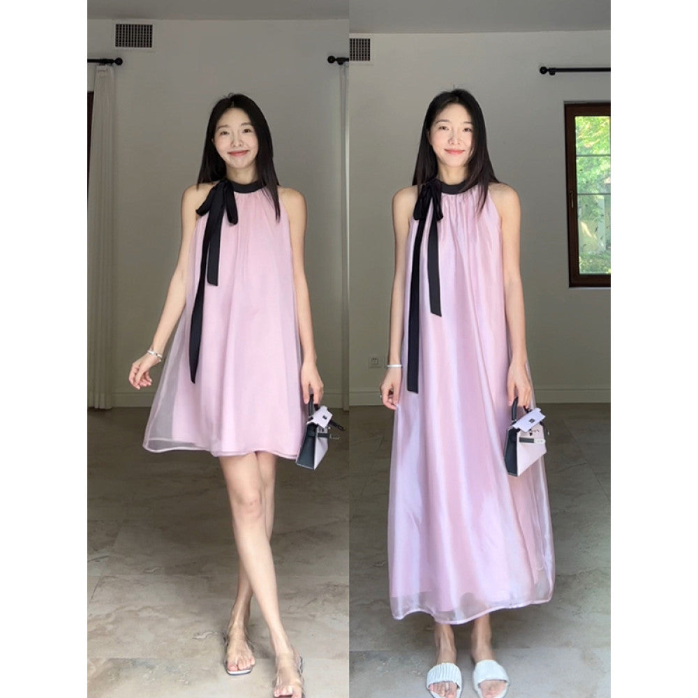 Guo Jiujiu s gentle style high end satin powder pearl yarn lace up vest camisole skirt summer long skirt image 20