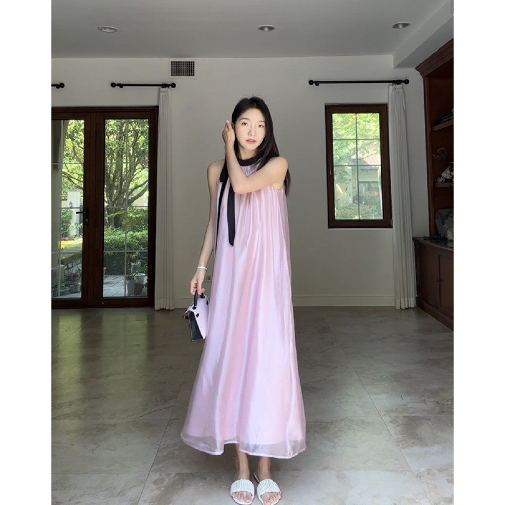 Guo Jiujiu s gentle style high end satin powder pearl yarn lace up vest camisole skirt summer long skirt image 22
