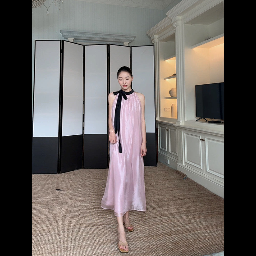 Guo Jiujiu s gentle style high end satin powder pearl yarn lace up vest camisole skirt summer long skirt image 23