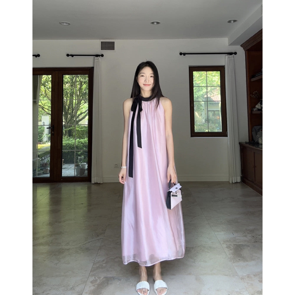 Guo Jiujiu s gentle style high end satin powder pearl yarn lace up vest camisole skirt summer long skirt image 2