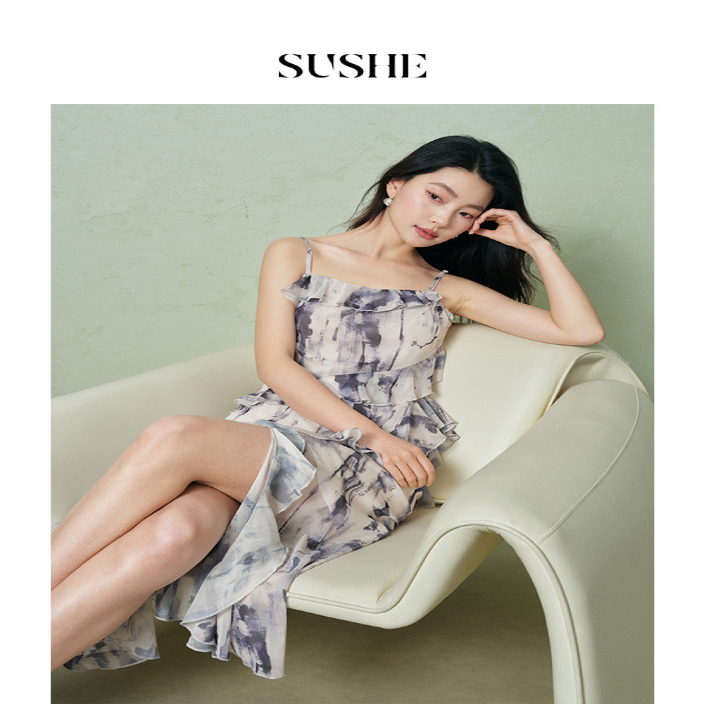 SUSHE Dusk French romantic graphite smudged mesh ruffled shirt suspender dress female autumn image 2