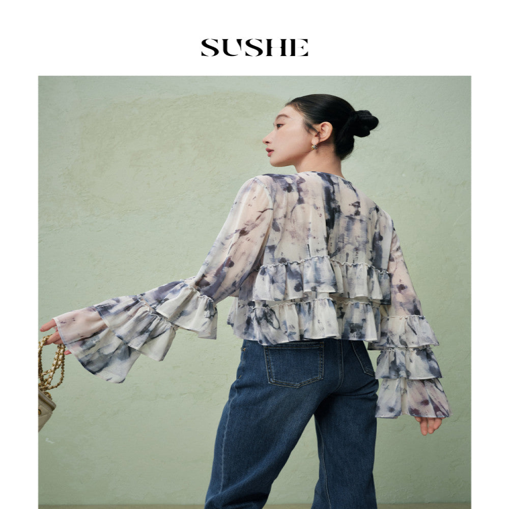 SUSHE Dusk French romantic graphite smudged mesh ruffled shirt suspender dress female autumn image 4