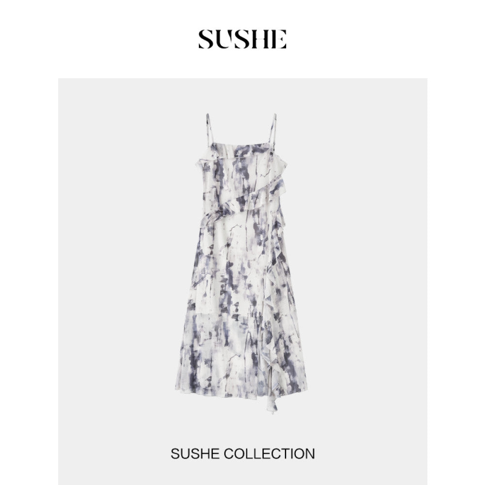 SUSHE Dusk French romantic graphite smudged mesh ruffled shirt suspender dress female autumn image 14