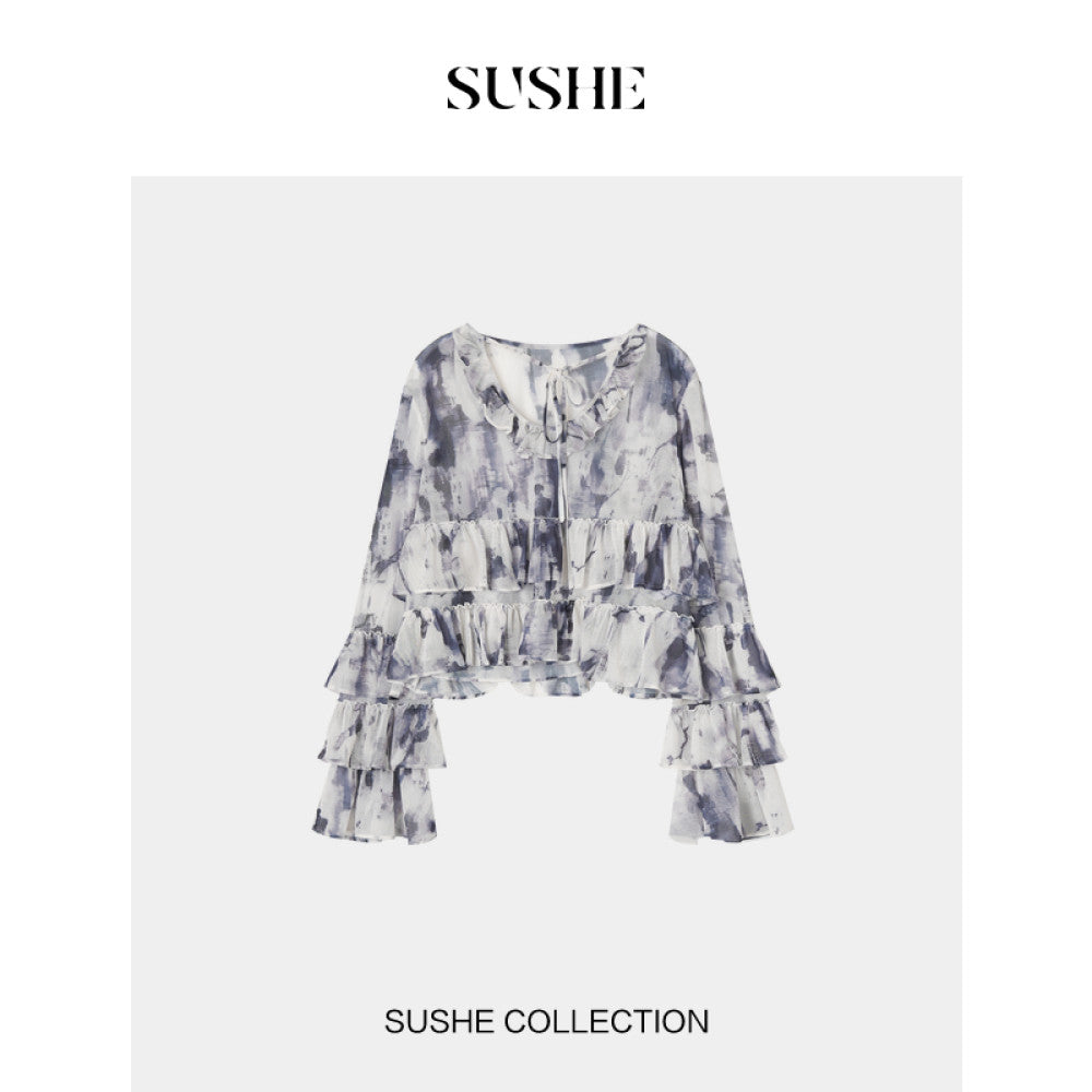 SUSHE Dusk French romantic graphite smudged mesh ruffled shirt suspender dress female autumn image 19