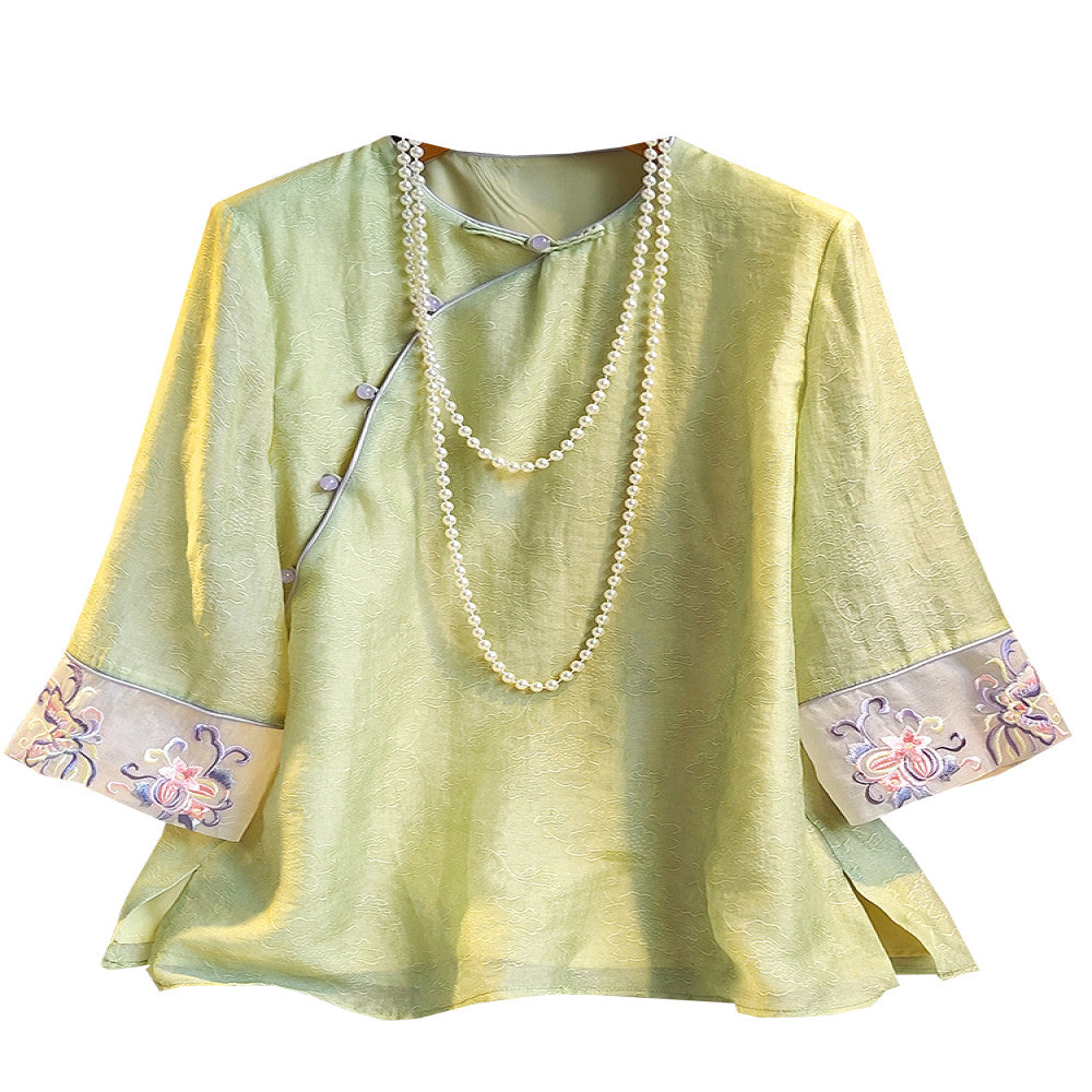 Fashionable new Chinese style retro jacquard five quarter sleeved shirt for women in summer improved new Chinese style slanted collar embroidered button top image 5