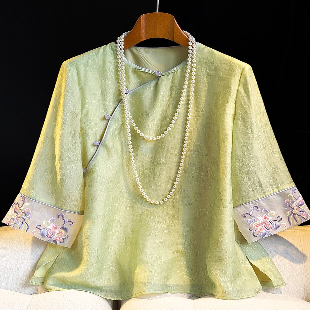 Fashionable new Chinese style retro jacquard five quarter sleeved shirt for women in summer improved new Chinese style slanted collar embroidered button top image 0