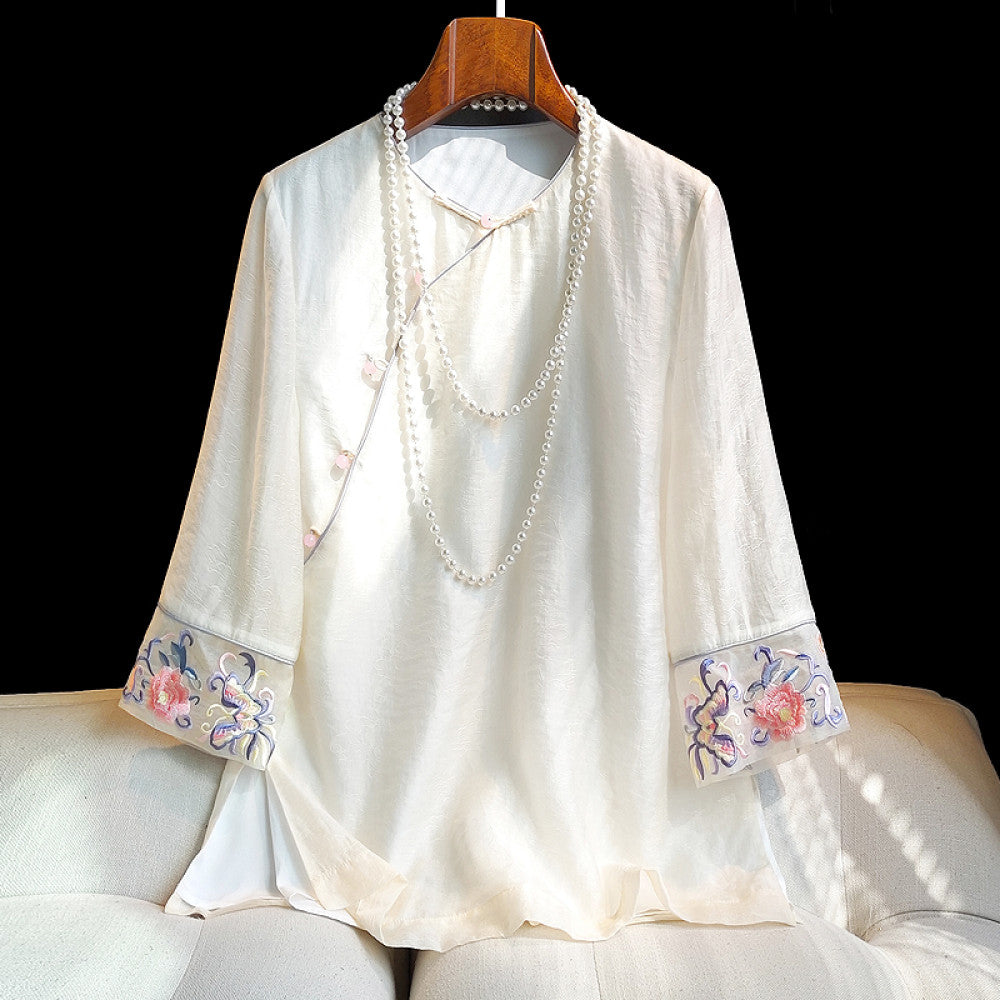 Fashionable new Chinese style retro jacquard five quarter sleeved shirt for women in summer improved new Chinese style slanted collar embroidered button top image 9