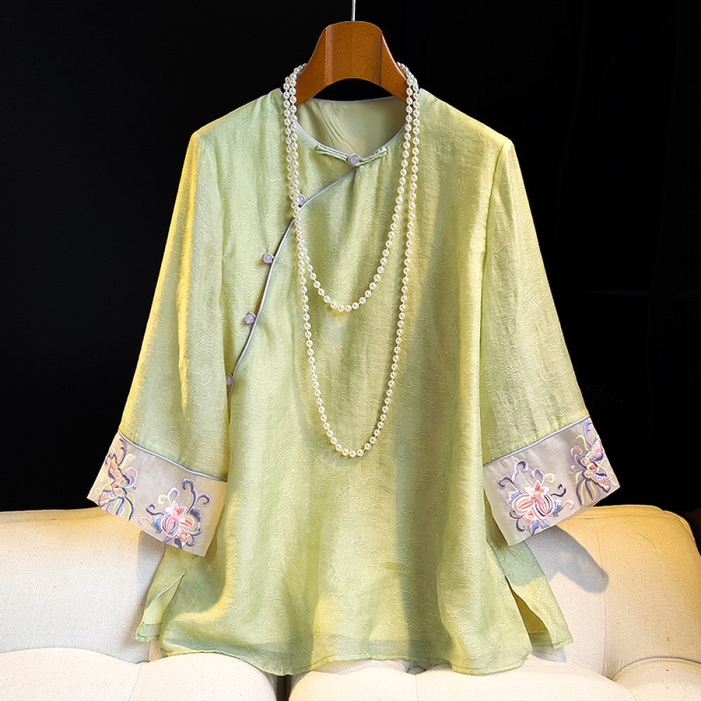 Fashionable new Chinese style retro jacquard five quarter sleeved shirt for women in summer improved new Chinese style slanted collar embroidered button top image 23