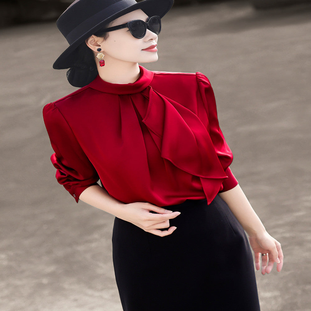 Lanser 2025 autumn new style temperament commuting simple ribbon stand up collar shirt long sleeved satin shirt top for women image 2