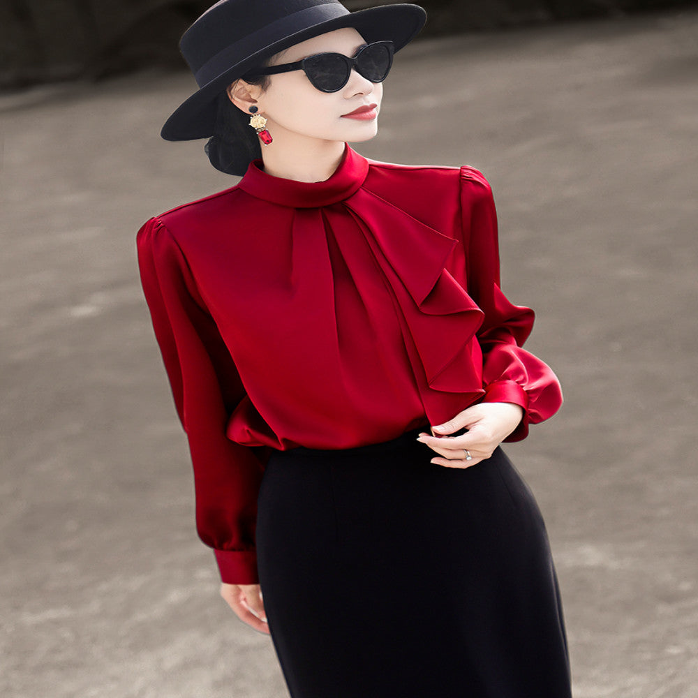 Lanser 2025 autumn new style temperament commuting simple ribbon stand up collar shirt long sleeved satin shirt top for women image 3