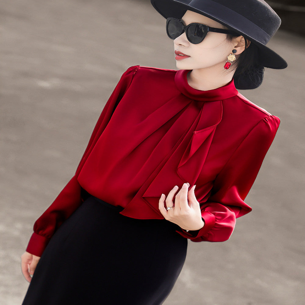 Lanser 2025 autumn new style temperament commuting simple ribbon stand up collar shirt long sleeved satin shirt top for women image 4
