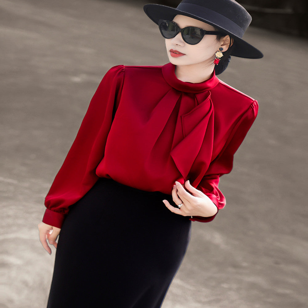 Lanser 2025 autumn new style temperament commuting simple ribbon stand up collar shirt long sleeved satin shirt top for women image 5